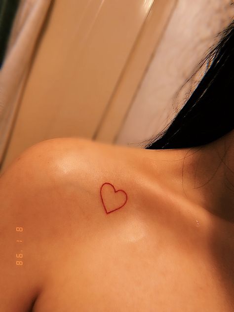 Red Heart Tattoo On Shoulder, Small Tattoo On Collar Bone, Solid Red Heart Tattoo, Small Red Heart Tattoo On Chest, Red Heart Shoulder Tattoo, Heart Tattoo On Shoulder For Women, Red Heart Tattoo Collar Bone, Leg Heart Tattoo, Small Heart Tattoos For Women On Chest