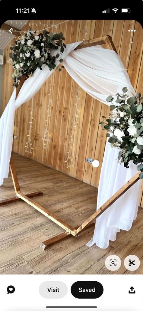 Hexagon Wedding Arch With Fairy Lights, Wedding Wooden Decorations, Wedding Arches Hexagon, Hexagon Wedding Arch Terracotta, Wood Octagon Wedding Backdrop, Wooden Octagon Wedding Arch, Hexagon Arch Fall Wedding, Hexagon Alter Decor, Hexagon Photo Frame