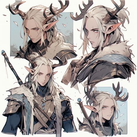 AI art generated with Midjourney. Prompt: dungeons and dragons characters, character reference, male, antler horns, sketch --niji 5 Male Dryad Art, Male Druid Character Art, Elf With Antlers, Human Male Character Art, Elf Oc Male, Horns Sketch, Male Elf Character Design, Antler Horns, Reference Male