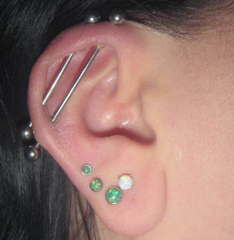 Multiple Industrial Piercing, Two Industrial Piercings, Different Industrial Piercings, Double Orbital Piercing, Double Industrial Piercing, Vertical Industrial Piercing, Piercing Artist, Industrial Earring, Piercing Healing