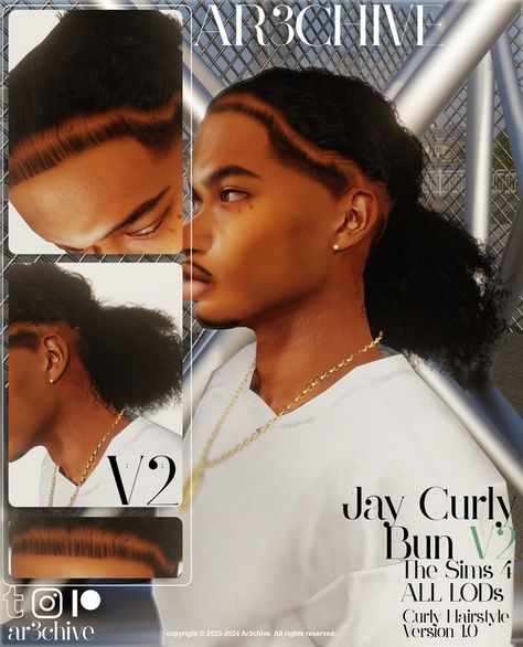 Jay Curly Bun V2 | Patreon Sims 4 Realistic Traits, Sims 4 Gawdly Sims, Sims 4 Mod Tattoo, Sims 4 Men Ponytail, Sims 4 Teeth Gems, Sims 4 Black Man Hair, Sims 4 Cc White Skin, Sims 4 Mesh Head, Male Body Sims 4 Cc