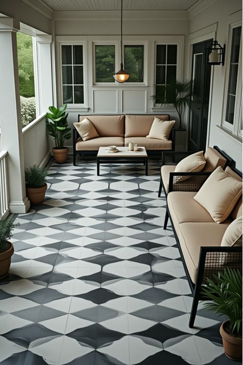 Contemporary porch featuring bold geometric floor pattern and metal furniture Porch Paint Ideas, Black Front Porch, Contemporary Porch, Porch Floors, Angled Bedroom, Modern Porch, Porch Paint, Floor Pattern, Porch Colors