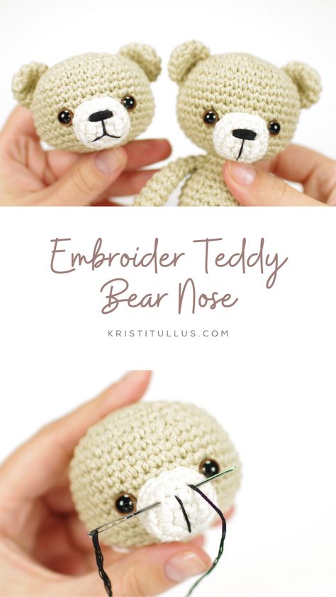 When working with bumpy crochet surface, I think it's best to keep things simple. In this post I will show you how I usually embroider noses on my teddy bears, cats and bunnies - it's very quick and easy and as long as you keep your stitches straight, it's going to look great. Embroidered Teddy Bear Nose, How To Embroider Teddy Bear Nose, Teddy Bear Nose Embroidery, Embroidered Teddy Bear Faces, Embroidered Bear Face, Crochet Nose Amigurumi, Crochet Nose, Bear Nose, Rabbit Nose