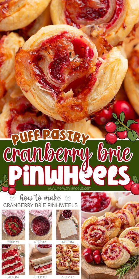 These stunning Cranberry Brie Pinwheels are sure to delight your guests this holiday season! The combination of buttery puff pastry, tangy homemade cranberry sauce and smooth, melted brie makes every bite a crowd-pleaser. Perfect for festive gatherings or as an elegant appetizer, these pinwheels are simple to prepare and sure to impress. | MomOnTimeout.com Brie Pinwheels, Cranberry Pinwheels, Puff Pastry Bites, Melted Brie, Puff Pastry Pinwheels, Pastry Bites, Brie Cranberry, Slow Cooker Appetizers, Pepperidge Farm Puff Pastry