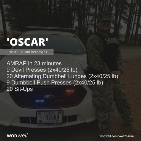 "Oscar" Workout, CrossFit WOD | WODwell - AMRAP in 23 minutes; 9 Devil Presses (2x40/25 lb); 20 Alternating Dumbbell Lunges (2x40/25 lb); 9 Dumbbell Push Presses (2x40/25 lb); 20 Sit-Ups Amrap Crossfit Workouts, 20 Minute Crossfit Workout, Monday Crossfit Workout, Hero Crossfit Workouts, Dumbbell Crossfit Wod, Wod Dumbbell Workouts, Dumbbell Amrap Workout, Db Workout Crossfit, Devils Press Workout