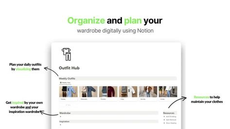 Outfit Hub (Notion Wardrobe Template) - NotionPlates Wardrobe Template, Tidy Wardrobe, How To Shrink Clothes, Outfit Planner, Notion Templates, Outfit Plan, Notion Template, Weekly Outfits, Organizing Systems