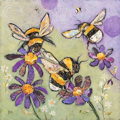 Bee Collage Mixed Media, Mixed Media Art Projects Ideas, Bee Collage, Thistle Art, Bee Artwork, Humble Bee, Lilac Background, Paper Collage Art, Bumble Bees