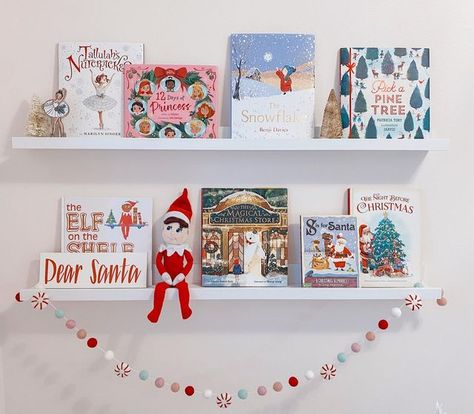 Kids Christmas Bookshelf, Christmas Bookshelf Decor Kids, Christmas Book Shelves, Christmas Book Shelf, Decorated Bookshelves, Christmas Bookshelf Decor, Holiday Bookshelves, Balanced Math, Christmas Bookshelf