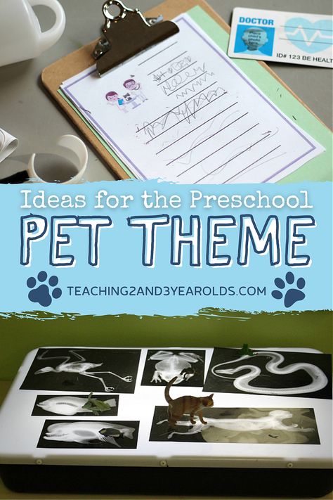 There are so many fun activities that can go with the pet theme! We had small kennels and stuffed animal pets, along with medical kits and notepaper on clipboards. But the highlight was when we had real dogs visit our veterinarian center! #toddlers #preschool #pet #theme #classroom #printables #animals #teaching2and3yearolds Pet Vet Dramatic Play Printables Free, Pet Vet Theme Preschool, Pet Science Preschool, Preschool Veterinarian Theme, Pre K Pet Theme Activities, Veterinarian Preschool Activities, Preschool Pet Theme Activities, Preschool Pet Theme, Playdough Learning Activities