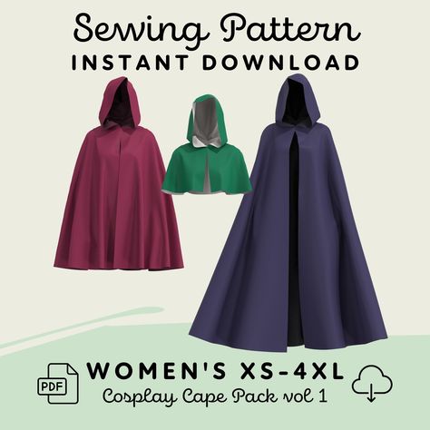 ‼️ BIG SALE ‼️  Save 60% on all orders of 5+ patterns! Code: 3FREE Save 70% on all orders of 10+ patterns! Code: BUY10 Cosplay Cape Pack vol 1 ➽ INSTANT DOWNLOAD Create a hooded cape for a Renaissance Faire, LARP, princess outfit, wedding cape, fantasy costume, elven outfit, or for an anime character cosplay! Pattern includes PDF files in 8 sizes for hooded capes in 3 lengths (Short, Mid Length, Long) with 3 interchangeable hood styles (Round, Pointed, Gathered.) This style of cape is full and b Hooded Cape Pattern Sewing, Cloak Pattern Hooded, Marcille Cosplay, Hooded Cloak Pattern, Elven Outfit, Anime Character Cosplay, Cloak Sewing Pattern, Cape Pattern Free, Hooded Cape Pattern