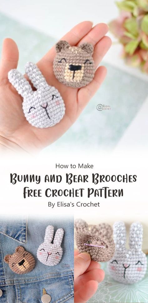 Learn how to crochet a Bunny and Bear brooch! You’ll love this free crochet pattern. Follow this easy step-by-step instructions and learn how to crochet your own cute brooch. Crochet Brooch Pattern Free, Crochet Brooch Pattern Free Amigurumi, Crochet Pins Brooch Free Pattern, Crochet Animal Brooch, Crochet Bear Keychain Free Pattern, Bunny Keychain Crochet Pattern Free, Crochet Bear Head Keychain, Scrap Yarn Crochet, Crochet Brooch