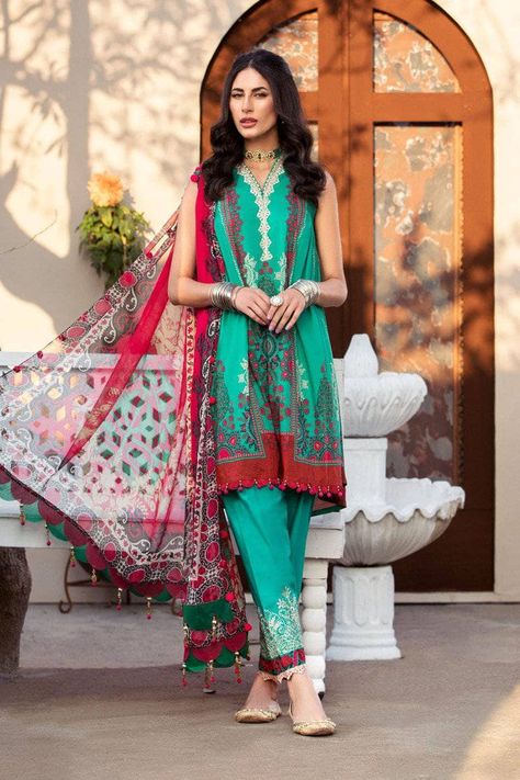 Look effortless and glam in this Maria B. Mprint 12A Green from the Maria B. Mprint Lawn. This 100% original Pakistani branded suit is from well-known brand Maria B. Offering an ultra-cool yet sophisticated look, this green suit is an ultimate pick. Just add that bit of glitz and sparkle to all your occasions while being wrapped in comfort and grace. It's soft and comforting cotton lawn fabric and it's elegant design makes you a sure shot crowd puller. Pakistani Suits Online, Frock Style, Pakistani Designer Suits, Lawn Suit, Unstitched Dress Material, Pakistani Lawn Suits, Lawn Dress, Maria B, Lawn Shirts