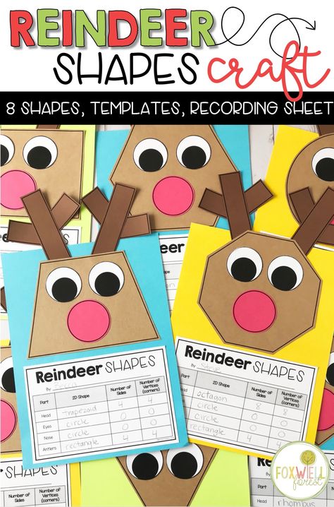 This Reindeer Shapes Math Craft is such a fun way for students to put their geometry knowledge to practice! Reindeer Shapes, Shapes Math, Shapes Kindergarten, Holiday Math, December Activities, December Crafts, Christmas Art Projects, Reindeer Craft, Math Crafts