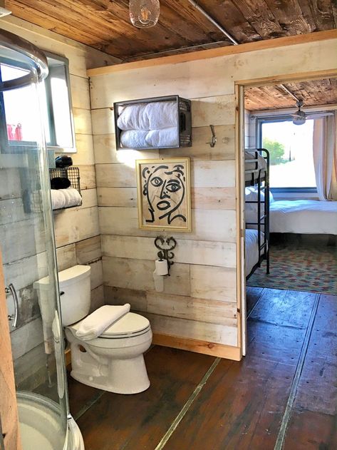 Shipping container hotel in Texas lets you try out tiny living - Curbed Shipping Container Bathroom, Shipping Container Hotel, Container Hotel, Container Bathroom, Glamorous Bathroom Decor, Rustic Bathroom Shelves, Bathroom Model, Rustic Bathroom Designs, Rustic Storage