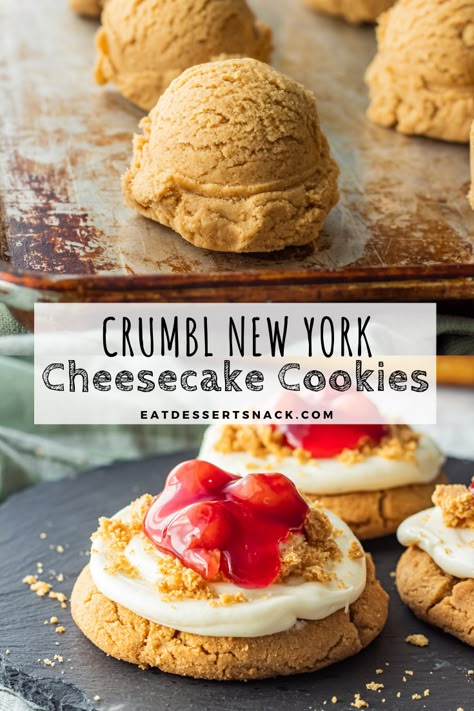 Cherry Cheesecake Cookies, Graham Cracker Dough, Crumbl Copycat, Crumble Cookie Recipe, Cherry Topping, Cherry Cheesecake, Gourmet Cookies, Cheesecake Cookies, New York Cheesecake