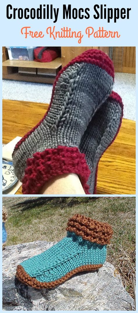 Crocodilly Mocs Slipper Free Knitting Pattern Knitting Slippers, Crocheted Slippers, Knit Slippers Free Pattern, Knitted Slippers Pattern, Crochet Slipper Pattern, Sock Knitting Patterns, Felted Slippers, Slippers Pattern, Knitted Slippers