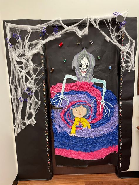 This is great to decorate your work door or classroom door to bring in the spooky vibes! 

Tissue paper - dollar tree 
Foam posters for the characters
Pastels to bring the characters to life! (We used a projector to trace the characters onto the foam paper to give it that extra 3D look).

Buttons 
Sewing thread 
Spider Web- dollar tree 
Foam paper and pipe cleaners for the spooky spiders 🕷 

She’s not perfect but I had a blast creating it and I’m so happy with how it came out 👻 Coraline Decorations Halloween, Coraline Door, Halloween Door Decorations Classroom, Porta Halloween, Diy Halloween Door Decorations, Halloween Classroom Door, Halloween Diy Door, Halloween Classroom Decorations, Halloween Decorations Apartment