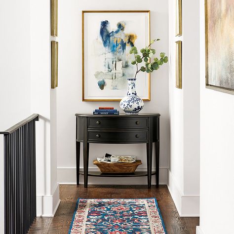 Newport Demilune | Tables | Ballard Designs Top Of Stairs Decor Upstairs Landing, Top Of Stairs Decor, Minnesota Decor, Enter Room, Small Entry Tables, Landing Decor, Apartment 2023, Small Entryway Table, Foyer Ideas Entryway