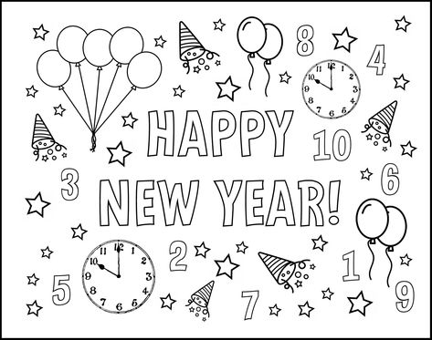 Eve Drawing, New Years Drawing Ideas, Funny Photo Props, New Year's Drawings, Kids New Years Eve, New Year's Desserts, New Year Coloring Pages, New Years Activities, New Year Message