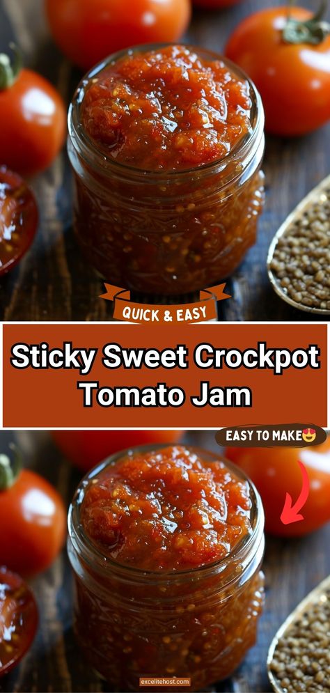 Ingredients: 2 pounds ripe tomatoes, chopped 1 cup granulated Tomato Jam Recipe Crockpot, Tomato Jam Crockpot, Cherry Tomato Jam Recipe, Cherry Tomato Jam, Tomato Jelly, Tomato Juice Recipes, Tomato Jam Recipe, Pepper Jelly Recipes, Meat Sweats