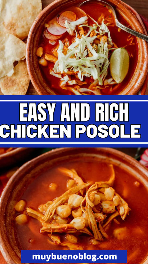 Chicken Posole OR also called Chicken Pozole is a delicious dish that is made with shredded chicken, tomatoes, broth, and white hominy. This is the ultimate comfort food that you can top with sliced radishes, cabbage, and a splash of lime juice. Learn how to make the perfect red chicken posole. Chicken Tlalpeno Soup, Posole Soup Mexican, Chicken Posole Crockpot, Easy Crockpot Posole, Mexican Soup Recipes Pozole, Red Chicken Posole Recipes, Pozole With Enchilada Sauce, Red Chile Posole, Chicken Posole Soup