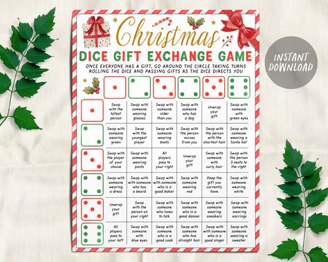 Christmas Dice Gift Exchange, Dice Present Exchange, Gift Exchange Games Dice, Holiday Gift Exchange Dice Game, Christmas Gift Exchange Dice Game Printable, Gift Exchange Dice, Group Party, Dice Gifts, Gift Exchange Games