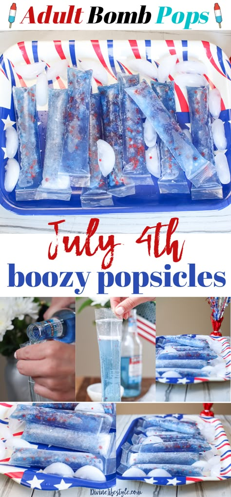 Fourth Of July Popsicles, Fourth Of July Drinks Alcohol, Liquor Popsicles, 4th Of July Jello Shots, Fourth Of July Pool Party, Frozen Popsicle Recipes, 4th Of July Drinks, 4th Of July Pool Party, July Cocktails