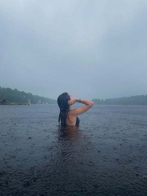 summer rain lake aethetic muskoka cloudy swim pose swimsuit tan brunette black fit back Tan Brunette, Rainy Lake, Lake Aesthetic, Lake Swimming, Daughter Of Poseidon, Lake Photoshoot, Summer Rain, Lake Pictures, Summer Bucket Lists