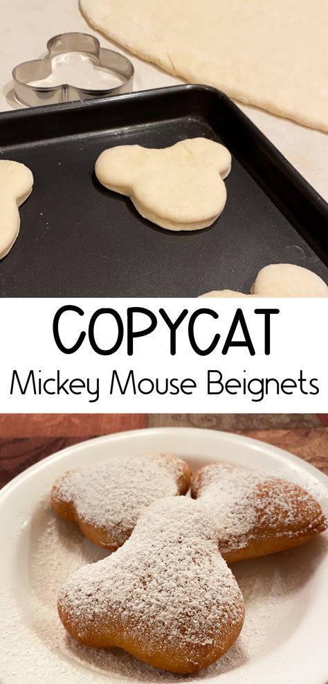 Copycat Mickey Mouse Beignets Recipe - take a trip to Disneyland from home with this great Disney recipe! Mickey Mouse Beignets, Disney Beniegts Recipe, Disney Treats Recipes, Disneyland Copycat Recipes, Beniegts Recipe, Disneyland Beignets, Disney Beignets, Disney Copycat Recipes, How To Make Beignets