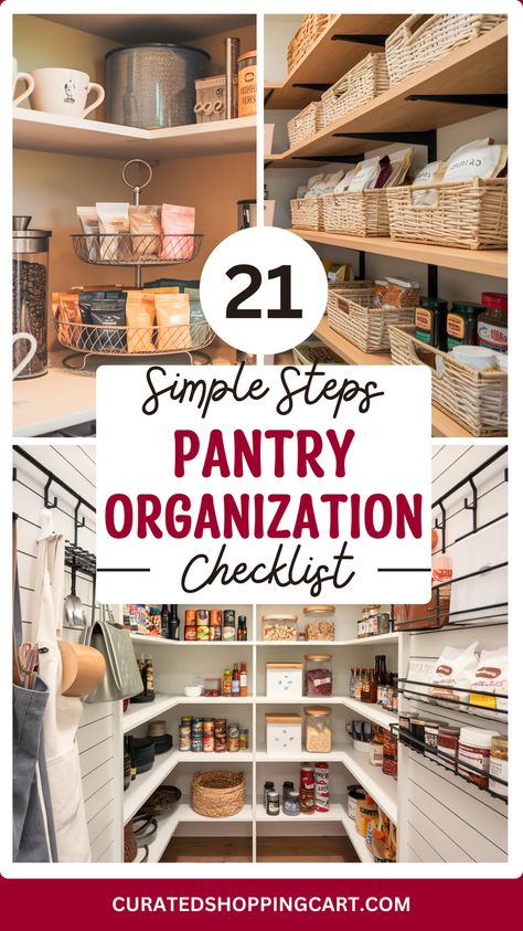 Follow these 21 simple steps for the best pantry organization! Our checklist will guide you through decluttering, cleaning, and organizing your pantry with practical tips and solutions. Ideal for those wanting to maximize their pantry space and improve kitchen efficiency. Kitchen storage, pantry checklist, declutter pantry, pantry storage solutions, organized pantry, pantry makeover, pantry cleaning, home organization, pantry organization checklist, pantry cleaning, pantry organization tips. Pantry Organizing Containers, Organizing Ideas For Pantry, Open Pantry Organization Ideas, Large Pantry Organization Ideas, Practical Pantry Organization, Organizing Deep Pantry Shelves, How To Organize A Pantry, Organization Ideas For Pantry, Pantry Organization Categories