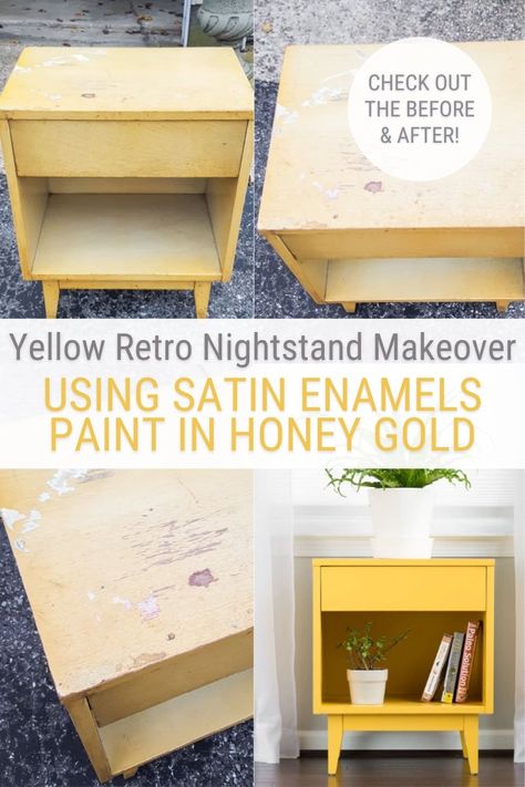 Check out this adorable yellow painted nightstand makeover of a cute little retro nightstand using DecoArt Americana Decor Satin Enamels in Honey Gold. Retro Nightstand, Yellow Painted Furniture, Yellow Chalk Paint, Painted Nightstand, Mustard Yellow Paints, Retro Side Table, Painting Bookcase, Painted Hutch, Nightstand Makeover