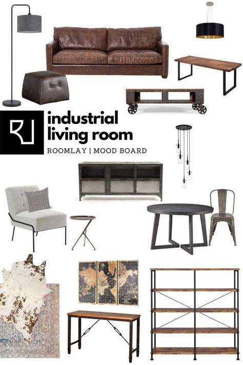 industrial living room furniture concept Industrial Style Living Room Furniture, Art Deco Interior Vintage, Urban Moodboard, Warm Industrial Living Room, Industrial Design Living Room, Industrial Living Room Furniture, Furniture Mood Board, Wooden Dining Table Modern, Industrial Farmhouse Living Room