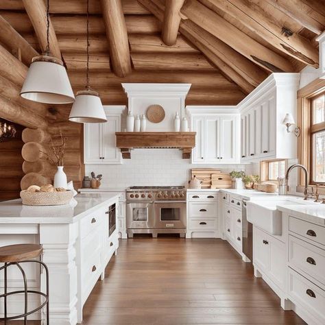 Angie Bailey Small Log Cabin Kitchens, Rustic Log Cabin Kitchens, Cabin Kitchens Rustic, Trending Color Palettes, Log Cabin Kitchens, White Kitchen Rustic, Log Cabin Kitchen, Airbnb Cabin, Fantasy Kitchen