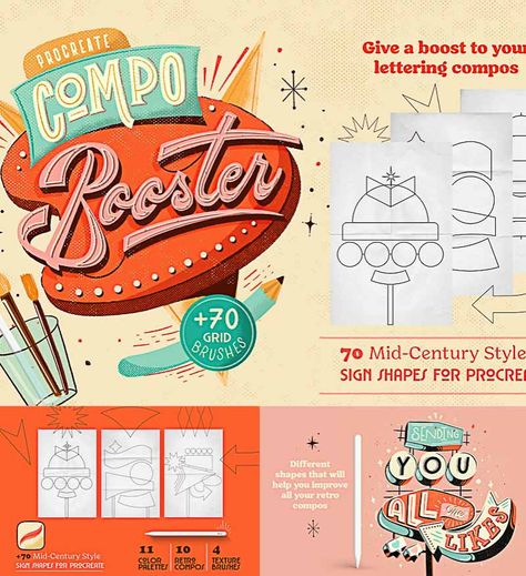 Retro Postcards, Clipart Borders, Graphic Design Cv, Retro Signs, Pro Create, Art Hacks, Procreate Ipad Art, Mid Century Illustration, Procreate Lettering