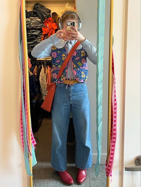 Colourful Layered Outfits, Maximalist Party Outfit, Funky Vest Outfit, Quirky Work Outfit, Maximalist Aesthetic Fashion, Maximalist Outfits Aesthetic, Maxamilist Outfits, Funky Fall Outfits, Grandma Fashion Aesthetic