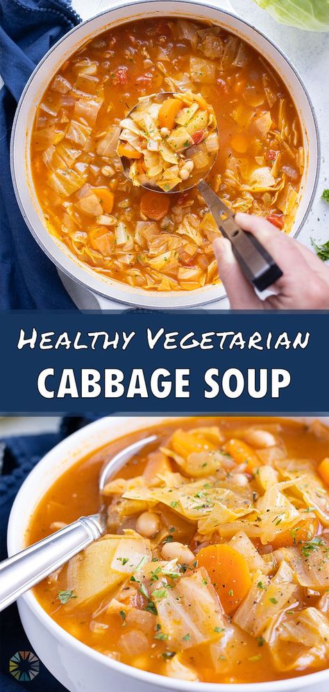 This healthy and comforting classic Cabbage Soup is made with shredded green cabbage is simmered in a flavorful broth with white beans, potatoes, and loads of other vegetables. This gluten-free, vegan, and vegetarian soup is perfect any time of the year. Cabbage Roll Soup Vegetarian, Cabbage Soup Vegetarian, Cabbage Chickpea Soup, Vegan Cabbage Soup Diet, Best Cabbage Soup, Vegan Cabbage Soup, Vegan Cabbage Potato Soup, Vegetarian Cabbage Soup, Healthy Cabbage