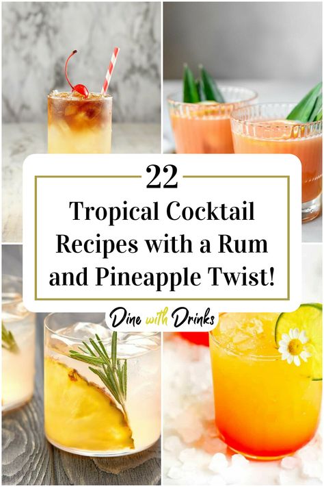 Collage of 4 rum and pineapple cocktails. Pineapple And Rum Drinks, Pineapple Cocktail Recipes, Pineapple Cocktails, Tropical Cocktail Recipes, Spiced Rum Cocktails, Lime Drinks, Tropical Cocktails, Good Rum, Pineapple Cocktail