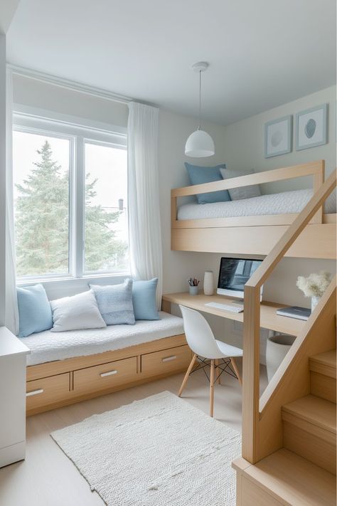 Hosting younger guests? Bunk beds are a fantastic way to maximize your small guest bedroom! Picture a fun, multifunctional space with room for a reading nook or desk. Can’t you see how this clever layout makes the room practical and playful all at once? Bunk Bed Designs Small Bedrooms, Guest Bunk Beds, Small Guest Bedrooms, Small Guest Bedroom Ideas, Bunk Beds Small Room, Guest Bedroom Inspiration, Bunk Bed Room, Bunk Bed Rooms, Guest Bedroom Ideas