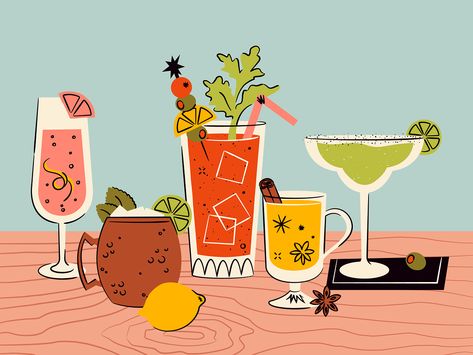 Mid-Century Inspired Cocktail Illustrations by Shelby Warwood on Dribbble Ingredients Illustration, Bakery Ingredients, Christmas Sale Poster, Cocktail Mixology, Cocktail Illustration, Modern Drawing, Mid Century Illustration, Cocktail Art, Drinks Design