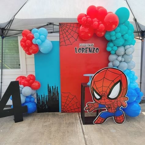 Spider Man Party Backdrop, Spidey Balloon Garland, Spiderman Balloon Decorations, Spidey Birthday Party, Spiderman Birthday Party Decorations, Spiderman Decorations, Dinosaur Birthday Theme, Spiderman Kids, Spiderman Birthday Party