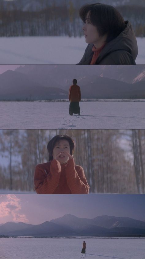 Cinematic shot collage from the movie Love Letter (1995). Japanese Cinematic Photography, Love Letter Shunji Iwai, Love Letter Japanese Movie, Love Letter 1995 Film, Love Letter Movie, Japanese Cinematography, Love Letter 1995, Shunji Iwai, Snow Movie