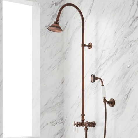 Signature Hardware Baywood Exposed Pipe Shower System with Rough-in Valve & Reviews | Wayfair Shower Plumbing, Brass Shower Head, Shower Style, Luxurious Showers, Faucet Design, Brass Shower, Farmhouse Front, Shower Oil, Vintage Bathrooms