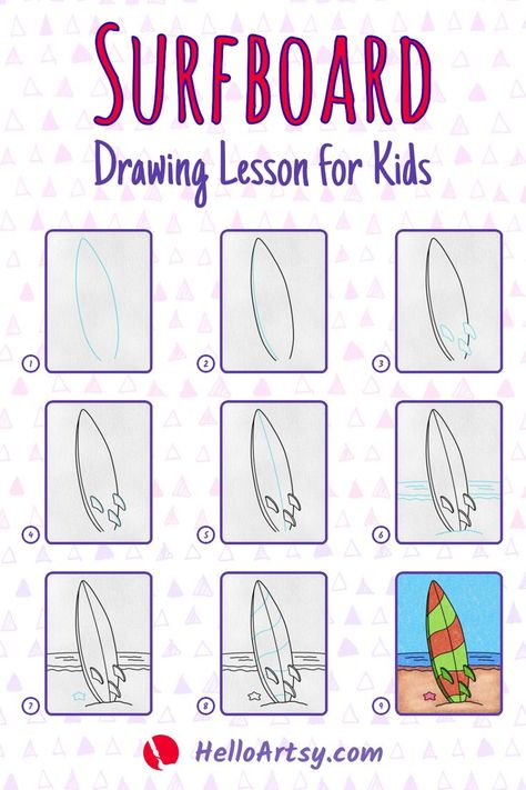 Step by step images demonstrating a how to draw a surfboard Nautical Drawing, Surfboard Drawing, Doodle Art For Beginners, Summer Drawings, School Kids Crafts, Beach Drawing, Boat Drawing, Drawing Lessons For Kids, Messy Art