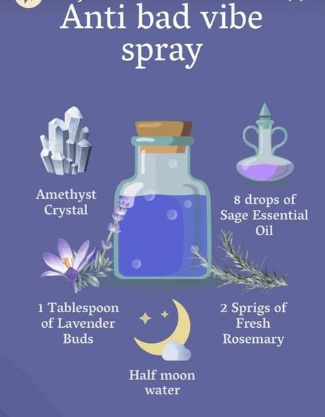 Anti Bad Vibe Spray, Essential Oils Witchcraft, Essential Oil Spray Recipes, Magick Oil, Witch Herbs, Witch Bottles, Green Witchcraft, Essential Oil Diffuser Blends Recipes, Spell Jars