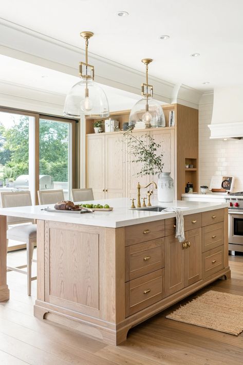 Stylish Neutral Kitchen Ideas for 2024 Coastal European Aesthetic, White Kitchen With Oak Island, Kitchen Island Sink Ideas, White Oak Island Kitchen, Kitchen With Sink In Island, Wood Island White Cabinets, White Kitchen Island Ideas, Kitchen Island Ideas With Sink, Custom Kitchen Ideas