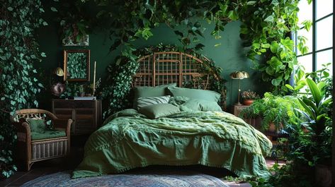 A Lush Green Sanctuary: How Nature Transforms Witchy Bedrooms Swamp Bedroom, Green Witch Bedroom, Witch Bedroom Ideas, Witch Bedroom, Sanctuary Design, Witch Bedrooms, Witchy Bedroom, Gothic Elements, Witch Room