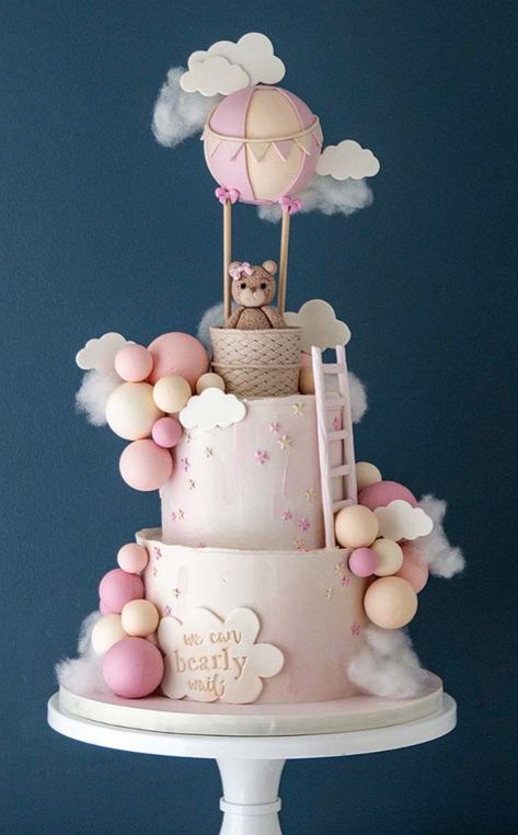 Hot Balloon Cake, Teddy Bear Hot Air Balloon Cake, Cake Hot Air Balloon, Hot Air Balloon Baby Shower Cake, Hot Air Balloon Cake 1st Birthdays, Simple Hot Air Balloon Cake, Bear And Hot Air Balloon Cake, Baby Shower Cake, Bear Baby Shower Cake