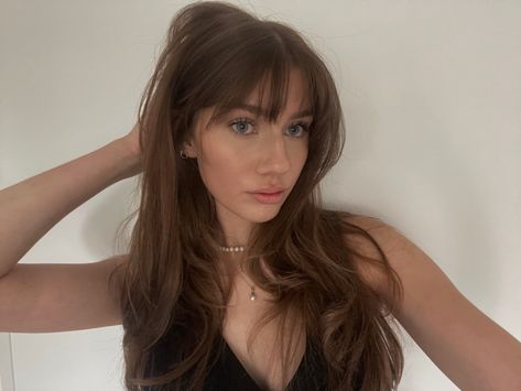 Long Hair With Messy Bangs, Long Light Brown Hair With Bangs, Brown Hair With Highlights Bangs, Brown Hair With Fringe Bangs, Light Brown Hair Bangs, Light Brown Hair With Bangs, Long Brown Hair With Bangs, 90s Bangs, Brown Hair With Fringe