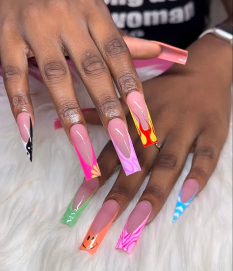 Mismatch French Tip Nails, Takashi Murakami French Tip Nails, 90’s Theme Acrylic Nails, Diy Acrylic Nails, Claw Nails, Colored Acrylic Nails, Nail Arts, Dope Nail Designs, Exotic Nails