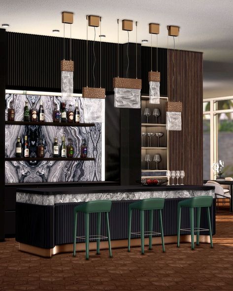 Luxury home bar for millionaire or billionaire sims. Includes luxury functional bar, barstool, pendant light, marble mural wallpaper and decorative wine bottle. Sims4 / ts4cc / sims4cc / thesims4cc / simscc / thesims4 / sims 4 Downloads / ts4 / ts4 clutter / ts4 furniture Sims 4 Kitchen Cabinets, Luxury Home Bar, Millionaire Homes, Light Marble, Sims 4 Kitchen, Mod Furniture, Urban Kitchen, Luxury Bar, Casas The Sims 4